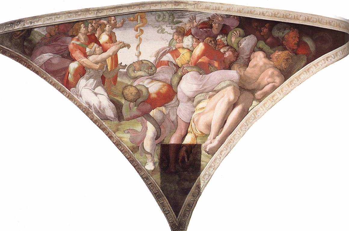 《西斯廷教堂天顶画：礼拜铜蛇》米开朗基罗知名作品赏析-老茶馆万事